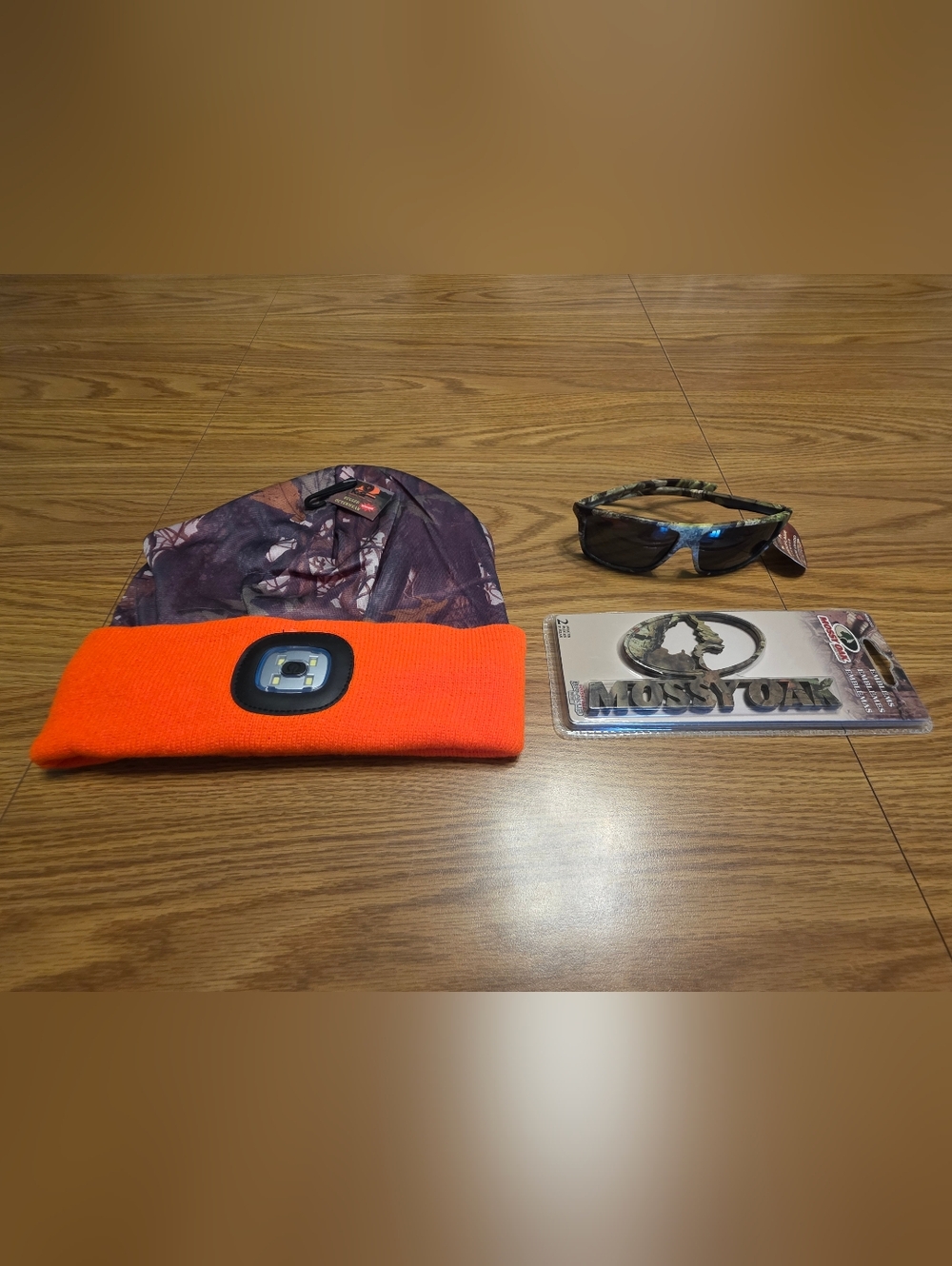 Camo/Orange Beanie Hat Rechargeable, Camo Sunglasses, Mossy Oak Emblems